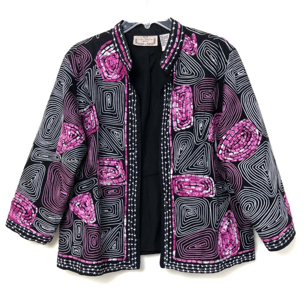 Mola Inspired Open Front Jacket in Pink on Black